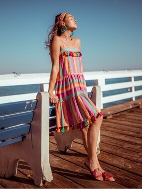 New Tessora Summer Collection Malibu Stripe Fringe Dress Size Small Cotton
